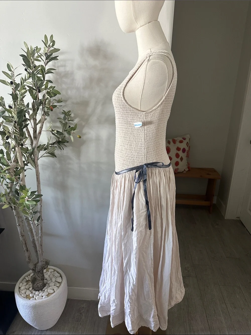 Free People Nightingale Smocked Seersucker Midi Dress in Tea Navy Combo New!